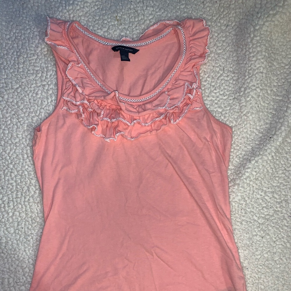 TOMMY HILFIGER | Peach & White Ruffled Tank Top